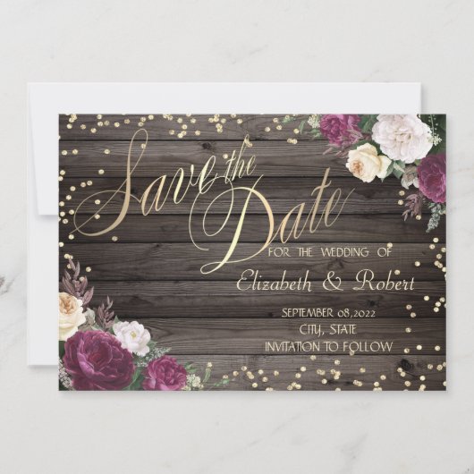 Gold Diamonds Burgundy Blume Wood Save The Date (Vorderseite)