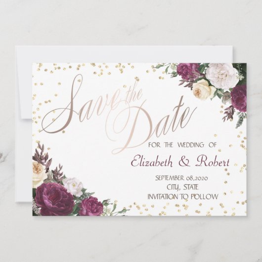 Gold Diamonds Burgundy Floral Save the Date (Vorderseite)