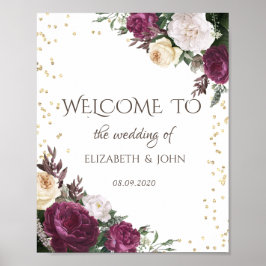 Gold Diamonds Burgundy Floral Save the Date Poster