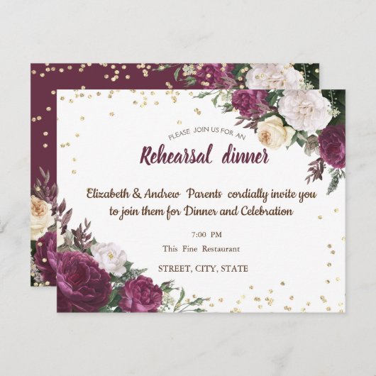 Gold Diamonds Burgundy Probe Dinner Einladung (Vorne/Hinten)