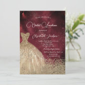 Gold Diamonds Dress Dark Red Bridal Luncheon Einladung (Stehend Vorderseite)
