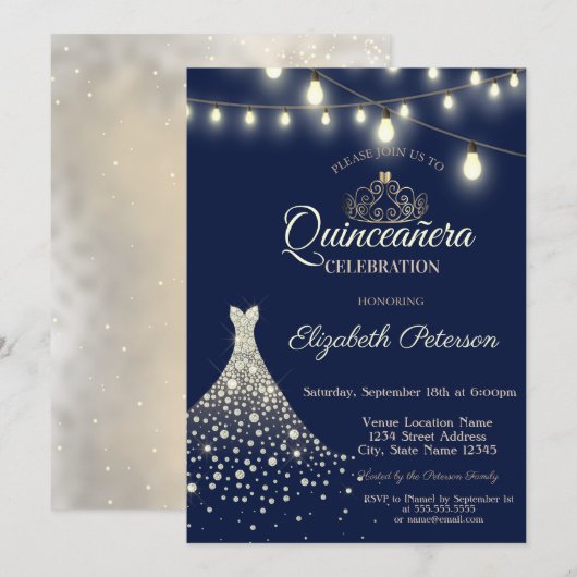 Gold Diamonds Dress Quinceañera Einladung (Vorne/Hinten)