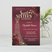 Gold Diamonds Dress Red Roses Sweet 16 Einladung (Stehend Vorderseite)