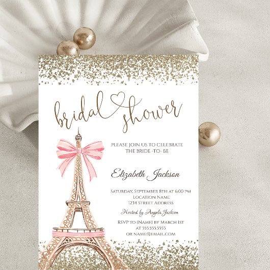 Gold Diamonds Eiffel Tower Bow Bridal Shower Einladung