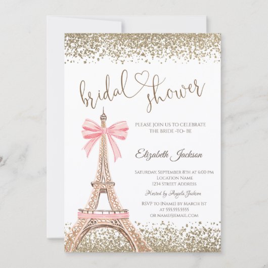 Gold Diamonds Eiffel Tower Bow Bridal Shower  Einladung (Vorderseite)