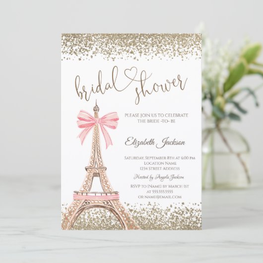 Gold Diamonds Eiffel Tower Bow Bridal Shower  Einladung (Stehend Vorderseite)