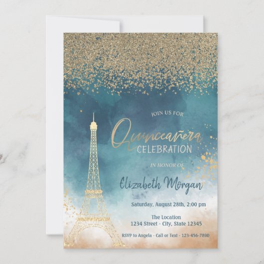 Gold Diamonds, Eiffelturm Paint Splash, Quinceaner Einladung (Vorderseite)