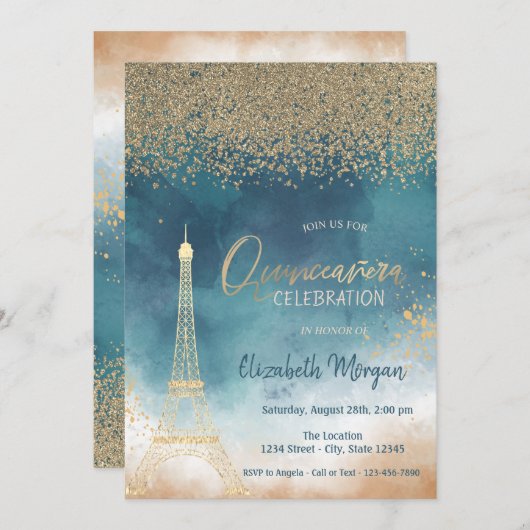 Gold Diamonds, Eiffelturm Paint Splash, Quinceaner Einladung (Vorne/Hinten)