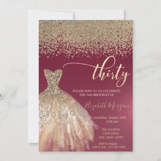 Gold Diamonds, elegantes Kleid Burgund 30. Geburts Einladung (Vorderseite)