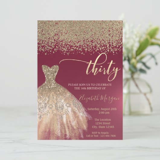 Gold Diamonds, elegantes Kleid Burgund 30. Geburts Einladung (Stehend Vorderseite)