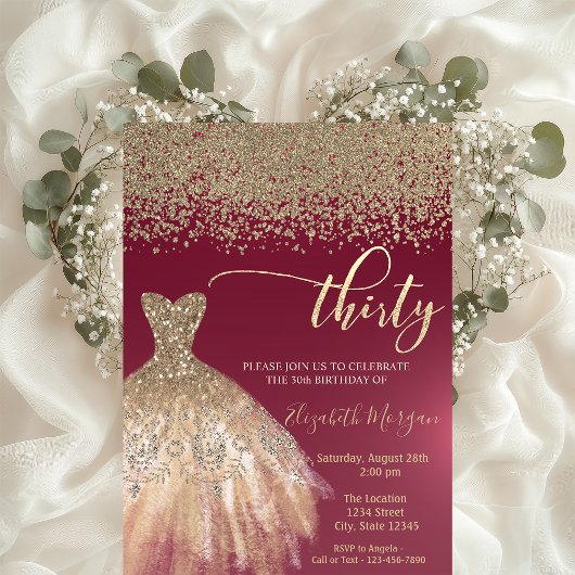 Gold Diamonds, elegantes Kleid Burgund 30. Geburts Einladung