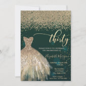 Gold Diamonds, elegantes Kleid Grün 30. Geburtstag Einladung (Vorderseite)