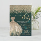 Gold Diamonds, elegantes Kleid Grün 30. Geburtstag Einladung (Stehend Vorderseite)