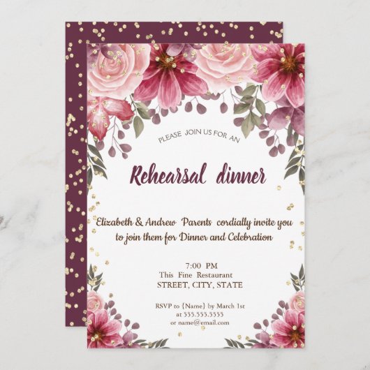 Gold Diamonds Floral Burgundy Probe Dinner Einladung (Vorne/Hinten)