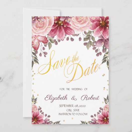 Gold Diamonds Floral Burgundy Save the Date (Vorderseite)