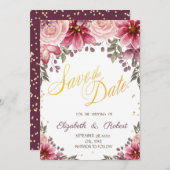 Gold Diamonds Floral Burgundy Save the Date (Vorne/Hinten)