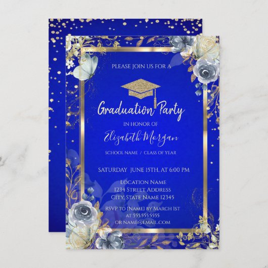 Gold Diamonds Frame Rose Butterfets Royal Blue Einladung (Vorne/Hinten)