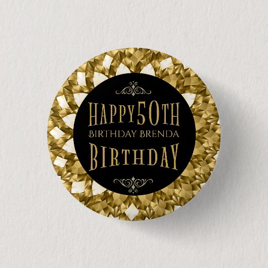Gold Diamonds Happy 50. Geburtstagstext Button (Vorderseite)