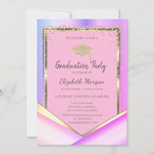 Gold Diamonds Pink Violet Abschluss Einladung (Vorderseite)
