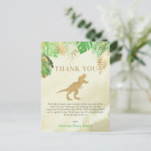 Gold Dinosaur Baby Dusche Danke Postkarte (Stehend Vorderseite)
