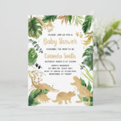 Gold Dinosaur Baby Dusche Einladung (Stehend Vorderseite)