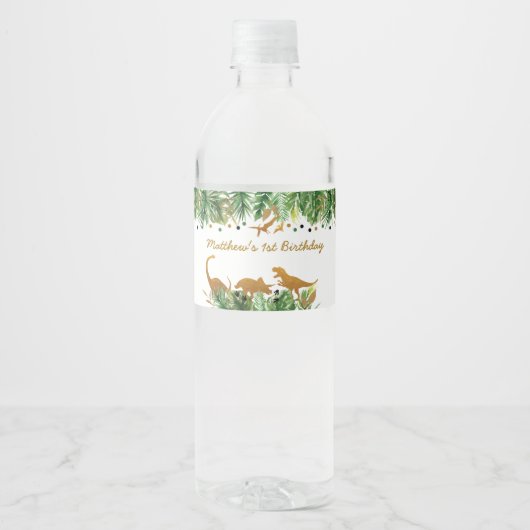 Gold Dinosaur Safari Geburtstag Wasserflaschenetikett (Vorderseite)
