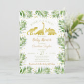 Gold Dinosaur Tropical Greenery Baby Dusche Einladung (Stehend Vorderseite)