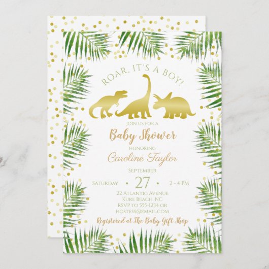 Gold Dinosaur Tropical Greenery Baby Dusche Einladung (Vorne/Hinten)