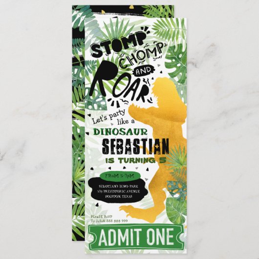 Gold Dinosaurier Geburtstagsparty Einladung (Vorne/Hinten)