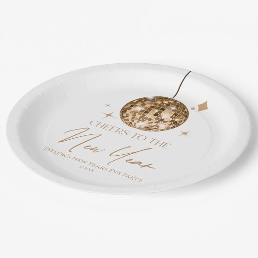 Gold Disco Ball Cheers Silvester Party Pappteller (Schrägansicht)