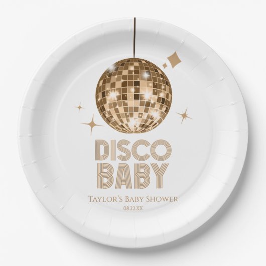 Gold Disco Ball 'Disco Baby' Babydusche Pappteller (Vorderseite)