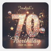 Gold Disco Ball Music Notes 70th Birthday Party Quadratischer Aufkleber (Vorderseite)