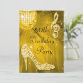 Gold Disco Ball und Heelse 50. Geburtstag Einladung (Stehend Vorderseite)