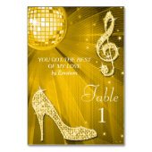 Gold Disco Ball und Stiletto Shoe Doppelseitig Tischnummer (Rückseite)