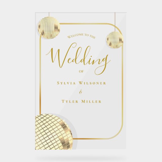 Gold Disco Ball Wedding Willkommen Acrylschild (Vorderseite)