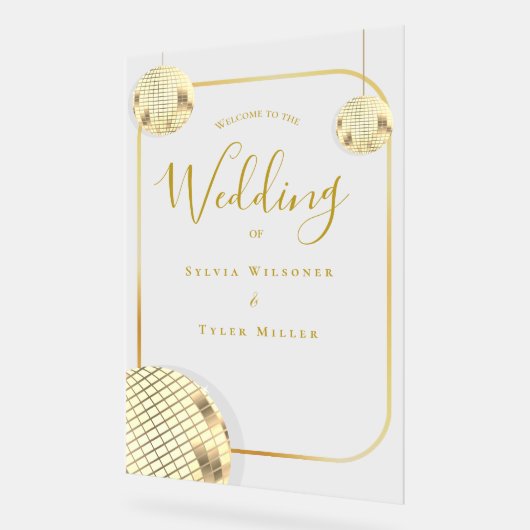 Gold Disco Ball Wedding Willkommen Acrylschild (Winkel)