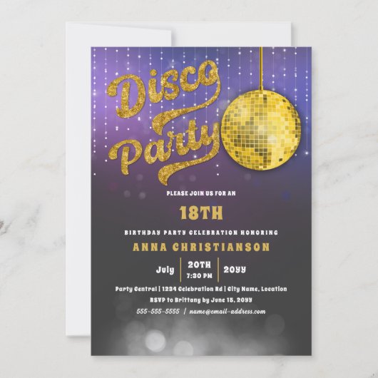 Gold Disco Geburtstagsparty Einladung (Vorderseite)
