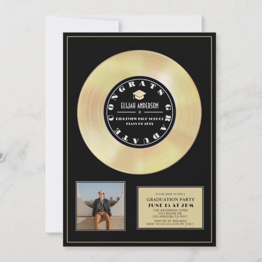 Gold Disk Vinyl Black Plaque Foto Abschluss Einladung (Vorderseite)