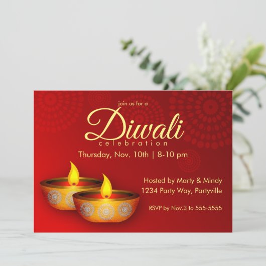 Gold Diyas auf Red Einladung (Stehend Vorderseite)
