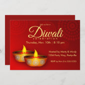 Gold Diyas auf Red Einladung (Vorne/Hinten)