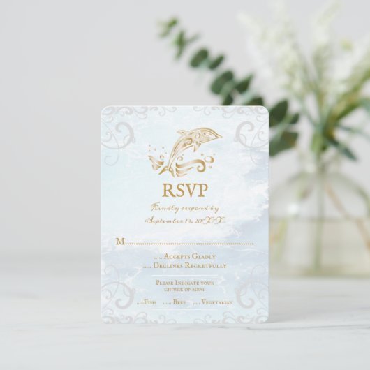 Gold Dolphin Wedding RSVP Card (Stehend Vorderseite)
