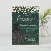 Gold Dots,Black Dress Green Quinceañera Einladung (Stehend Vorderseite)