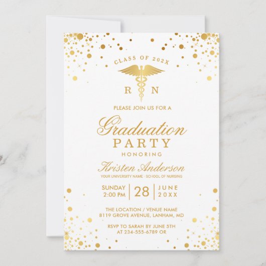 Gold Dots Medical Nursing School Graduation Party Einladung (Vorderseite)