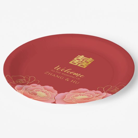 Gold Double Happiness Chinese Wedding Pappteller (Schrägansicht)