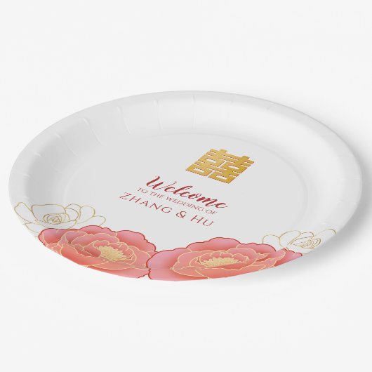 Gold Double Happiness Chinese Wedding Pappteller (Schrägansicht)