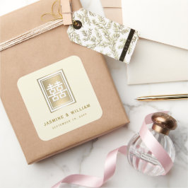 Gold Double Happiness Elegante chinesische Hochzei Quadratischer Aufkleber