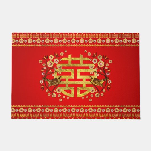 Gold Double Happy Symbol mit Blume und Vogel Fußmatte (Vorderseite)