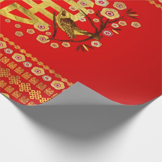 Gold Double Happy Symbol mit Blume und Vogel Geschenkpapier (Ecke)