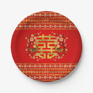 Gold Double Happy Symbol mit Blume und Vogel Pappteller