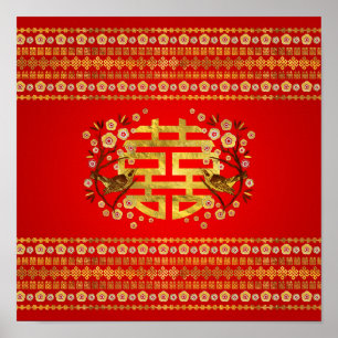 Gold Double Happy Symbol mit Blume und Vogel Poster